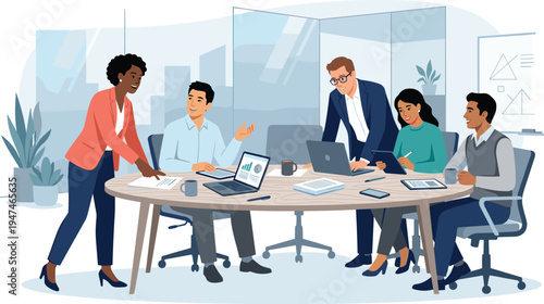 Diverse group of professionals collaborating around a conference table with laptops and documents, discussing a project in a modern office setting