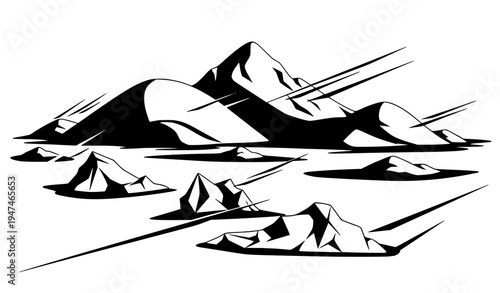 Black and white icy island vector with snow hills and frozen terrain minimal design
