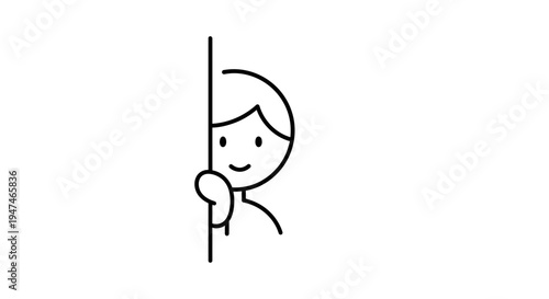 Peekaboo Child Drawing Peeking Around Corner, Playful Curiosity, Simple Line Art