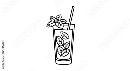 Line Art of a Refreshing Mojito Cocktail with Mint Leaves and Straw