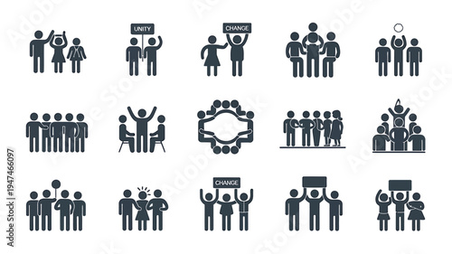 Collection of Diverse People Icons Representing Groups and Activities.