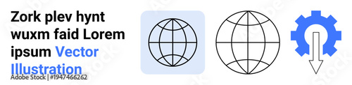 Global connectivity, tech innovation, programming, gear mechanism, web development, vector design. a globe icon, gear symbol and arrow. Global connectivity and tech innovation metaphor