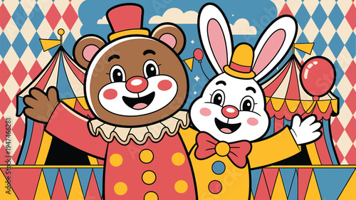 Cute cartoon bear and bunny circus performers waving hello.