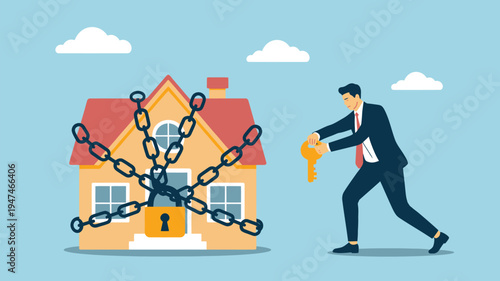 Man Unlocking Locked House with Key.