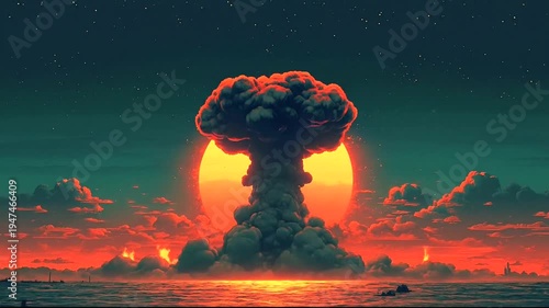 Dramatic sunset with a nuclear explosion at sea