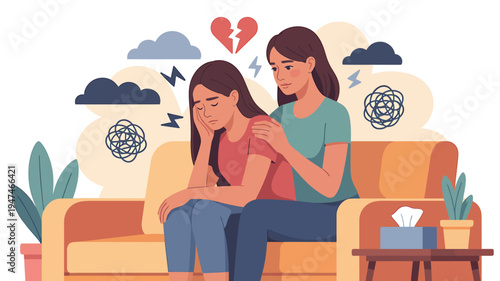 Mother comforting her sad daughter on the couch with a broken heart symbol above.