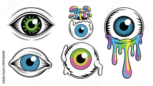 Psychedelic Eyes Collection with Mushrooms and Dripping Colors.