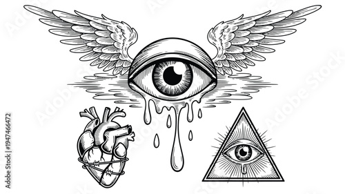 Mysterious Symbols: All-Seeing Eye Dripping Heart and Triangle Eye.