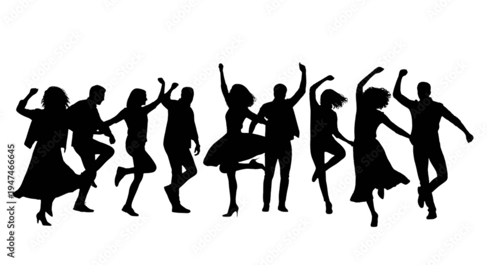 Fototapeta premium Group of silhouetted dancers performing a lively routine together