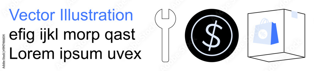 Fototapeta premium E-commerce, online shopping, financial management, tools, repair services, modern retail. Dollar sign, wrench and shopping bag box. E-commerce and online shopping concept