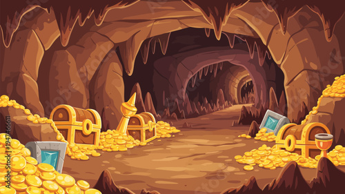 Treasure Cave Filled With Gold Coins and Chests.