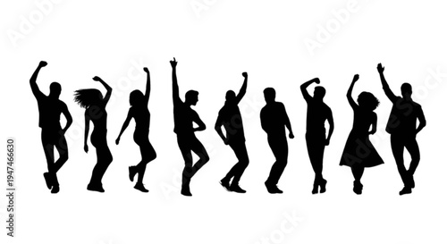 Silhouettes of people dancing in a joyful and dynamic group formation