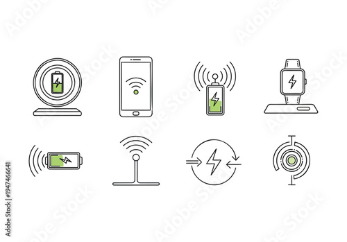 Power bank charging device line icon set with battery cable adapter laptop charger and electricity symbols
