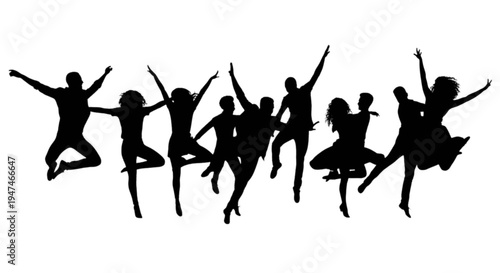 Group of silhouetted dancers in dynamic mid-jump poses