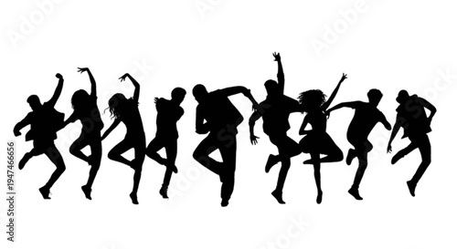 Dynamic silhouettes of people dancing in mid-air celebration