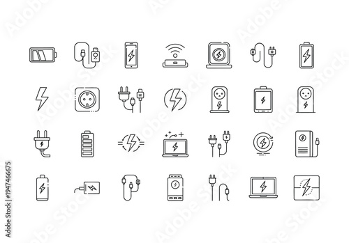 Wireless charging and smart device power line icon set with smartphone smartwatch battery and energy signal