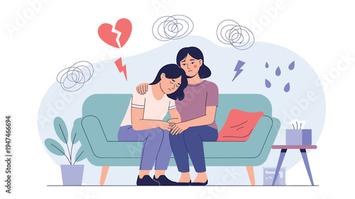 Woman comforting sad friend on couch with mental health symbols.