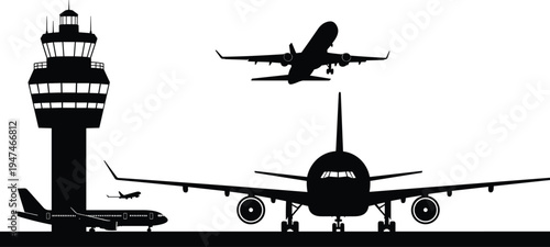 Airport airplane silhouette vector set, air traffic control tower illustration, passenger jet aircraft takeoff landing aviation transport design