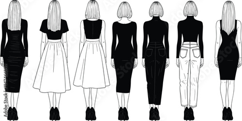WebBack view fashion women silhouettes set with different hairstyles dresses skirts jeans minimal vector illustration isolated design collection modern style