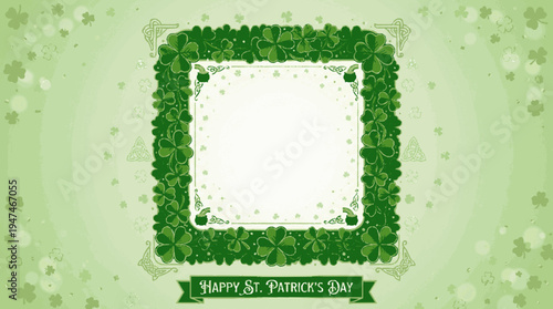 St patrick's day shamrock leaf frame with happy st patrick's day banner on green background for festive holiday designs and decorations