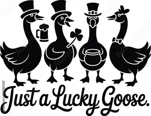 A festive illustration featuring four geese wearing top hats for a lucky st patrick day theme