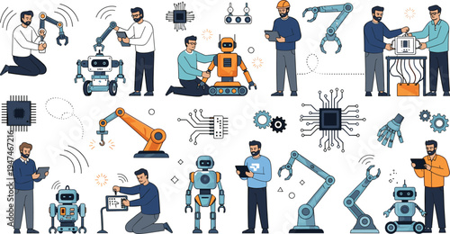 Robotics engineering and artificial intelligence set featuring technicians assembling industrial robot arms and humanoid machines for modern future technology
