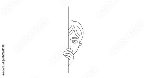 Curious Child Peeking Around Corner, Shy Expression, Hidden Face, White Background