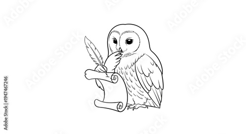 Cute Barn Owl Writing with Quill and Scroll, Black and White Line Art