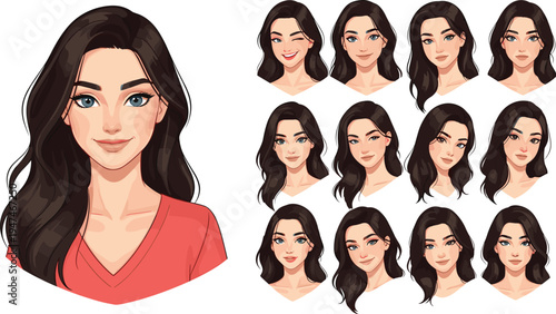 beautiful young woman avatar set with different facial expressions, female face character collection, cartoon portrait vector illustration