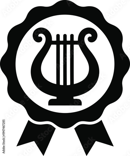 A black and white illustration of a musical lyre emblem centered inside a decorative rosette badge