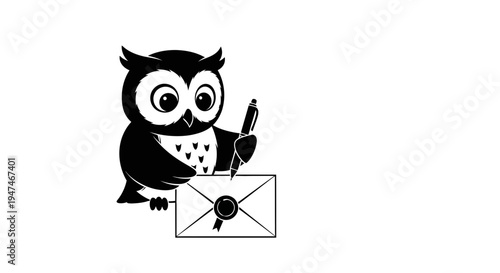 Cute Owl Writing Letter with Pen and Envelope, Black and White Illustration