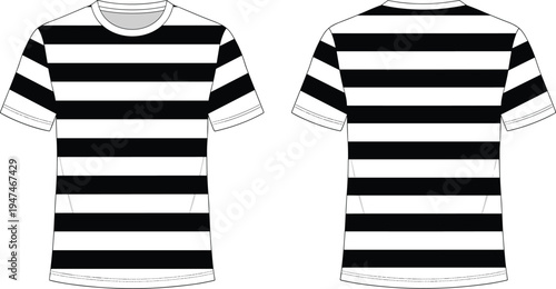 black white striped t-shirt mockup, front back view, vector apparel template, horizontal stripes casual tee design isolated clothing garment fashion