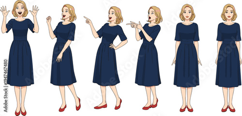 Blonde woman character set showing different gestures and emotions, female presenter pointing and explaining, cartoon vector illustration isolated