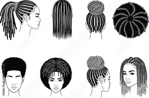 Black women natural hairstyle collection, afro braids dreadlocks and cornrows styles, African beauty hair vector illustration isolated design set