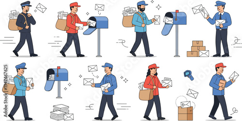 Postman and mail carrier vector character set delivering letters to mailboxes with parcels and courier service delivery concepts