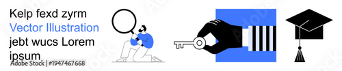 Education, knowledge, research, unlocking potential, career goals, academic success. Person holding a magnifying glass, a hand with a key and a graduation cap. Knowledge and unlocking potential