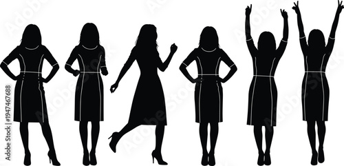 Business woman silhouette set with different poses, confident female professional gestures collection, black white vector illustration isolated design