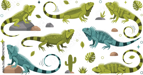 Tropical iguana collection featuring green and blue lizards in various poses with desert rocks cactus and jungle leaves