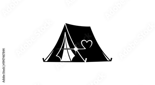 Black Tent Silhouette with Heart and Sparkle Symbol, Camping Adventure Icon