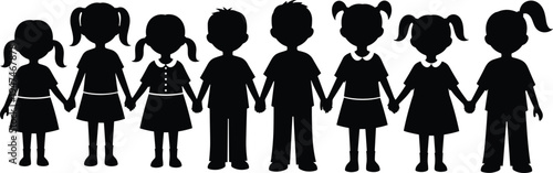 Children silhouette group holding hands, friendship unity concept, kids teamwork together, childhood community diversity, school friendship illustration isolated background vector