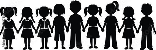 Children silhouette group holding hands, kids friendship unity concept, diverse school children teamwork, childhood community support, playful kids together illustration