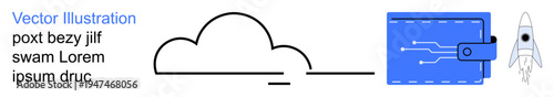 Cloud computing, fintech solutions, innovation, digital transformation, data storage, startups. Minimal cloud, digital wallet and rocket graphics. Cloud computing and fintech solutions concept