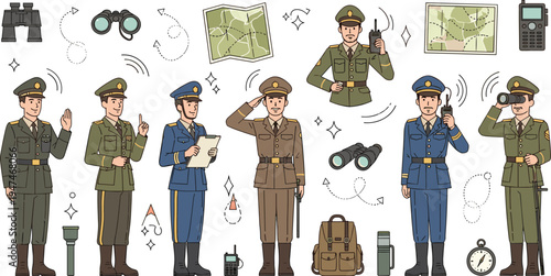 Military Officers and Commanders in Uniform Saluting and Using Tactical Communication Equipment with Maps and Binoculars for Army Mission Planning Vector Illustration