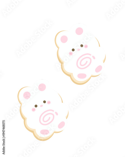 A cute pastel teddy bear cookie illustration with pink cheeks and swirl detail, drawn in a soft kawaii cartoon style on a black background