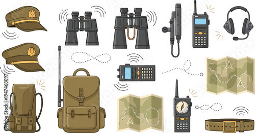 Military and tactical equipment set featuring binoculars radio walkie talkies maps backpacks and hats for outdoor field operations