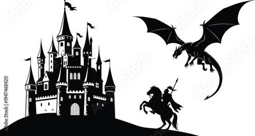 dragon, knight, castle, silhouette, fantasy, medieval, battle, warrior, horse, kingdom, fairytale, mythical, creature, adventure, legend, vector, illustration, black, isolated, scene