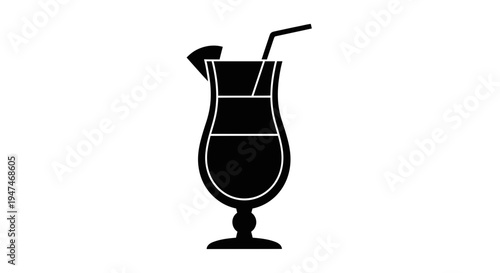 Black and White Icon of a Tropical Cocktail with Pineapple and Straw