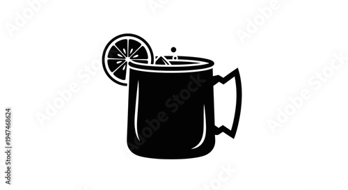Black and white icon of a mug with a lemon slice and ice cubes, representing a refreshing drink.