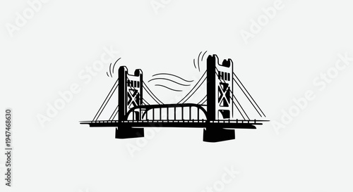 Black and white illustration of a suspension bridge with two towers and cables