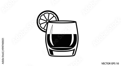 Black and white illustration of a cocktail with a lemon slice garnish